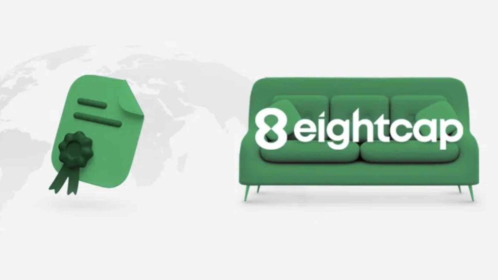 eightcap logo on green sofa