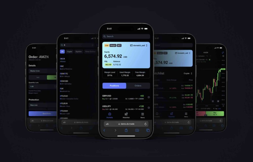 DXtrade mobile app homescreen and account details